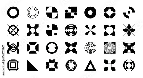 A collection of 30 unique black and white abstract geometric shapes and patterns.