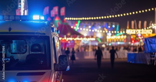 Ambulance with flashing lights at an outdoor event with blurred people and carnival lights at night scene
