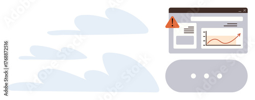 Cloud computing platform with alert icon, growth chart, and dashboard interface. Ideal for data management, cloud storage, technology, analytics, cybersecurity, digital warning simple flat metaphor