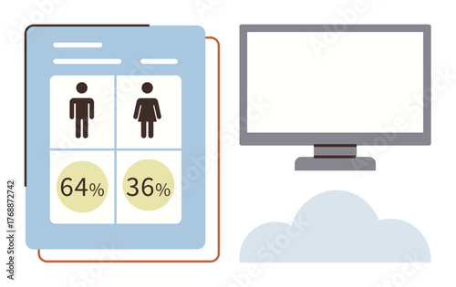 Male and female icons with percentage data on a dashboard alongside a monitor and cloud graphic. Ideal for gender data, analytics, technology, demographic studies, reports, surveys, simple flat