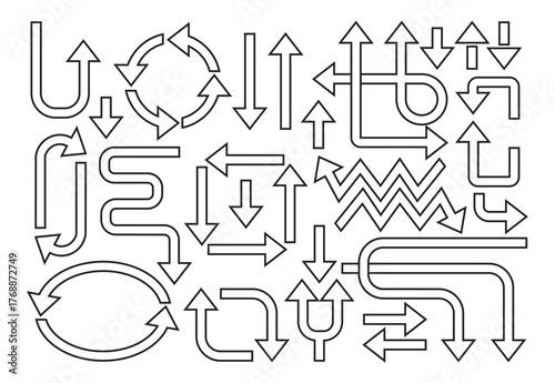 Black outline abstract isolated thick and sharp pointed direction arrows icons design elements set on white background poster