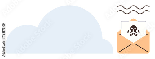 Cloud storage with a malicious email envelope marked by a skull. Ideal for cybersecurity, malware, phishing, data breach, online threat concept, digital safety, warning. Simple flat metaphor