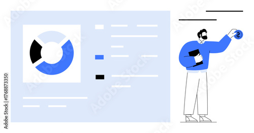 Analyst studying pie chart, holding documents and gear icon. Ideal for strategy, teamwork, planning, research, analytics, consulting problem-solving. Minimalistic flat metaphor
