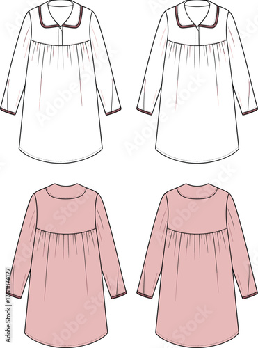 Long sleeve dress technical fashion flat sketch, tunic garment design front and back view, apparel template illustration, clothing construction drawing, vector fashion CAD