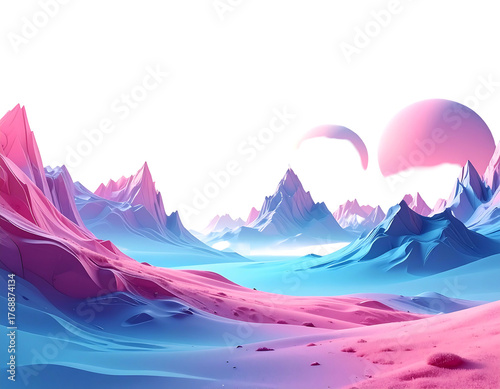 Dreamy landscape of pink and blue hills under glowing orbs, rendered with soft, smooth style, creating surreal scene