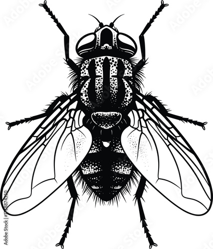 Realistic black fly insect silhouette vector illustration, detailed pest design with wings for biology, entomology, science education, and nature graphic projects