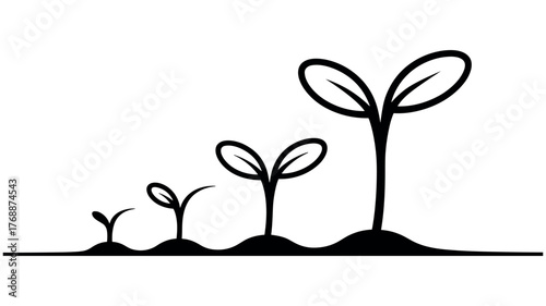 Black silhouette of four seedlings growing in soil from small to large 