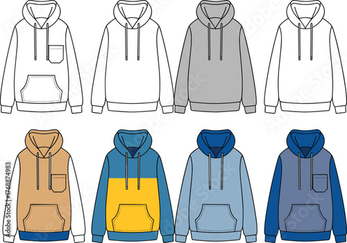 Hoodie template, sweatshirt mockup, fashion design flat sketch, unisex casual wear, front pocket hoodie, drawstring hood, clothing vector illustration, apparel design variations