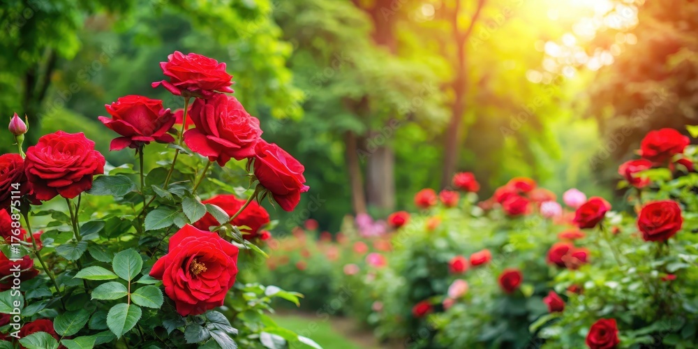 Obraz premium A lush green rose bush with vibrant red roses blooming in a garden setting amidst trees and foliage