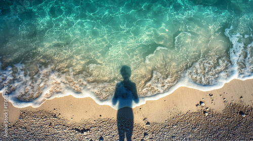 A lone shadow of a person raising a hand in greeting toward a glowing horizon, evoking connection, solitude, and serenity in a minimalist, atmospheric 9:16 composition.
