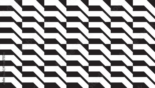 A seamless, symmetrical geometric pattern with repeating blue block shapes creates the illusion of three dimensions. The black and white color combination creates a clean, modern, and dynamic feel.