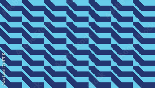 A seamless isometric geometric pattern featuring repeating blue blocks that create a 3D illusion. The design combines light and dark blue tones, forming a clean, modern, and dynamic visual effect