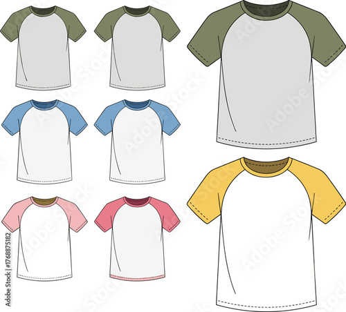 Short sleeve raglan t shirt template, blank fashion apparel mockup, unisex clothing design, colorful sleeve variations, casual wear illustration, vector garment outline, retail merchandising