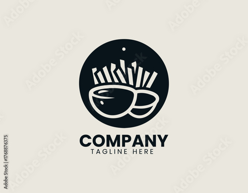 Crispy french fries with ketchup and cheese sauce in bowl black vector logo design illustration