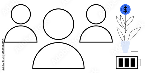 Minimalist depiction of three people interconnected, a growing plant with a dollar sign, and battery level. Ideal for teamwork, growth, productivity, sustainability, finance energy success. Simple