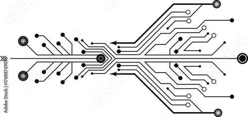 Abstract monochrome illustration of a printed circuit board with branching pathways representing data flow and connectivity.