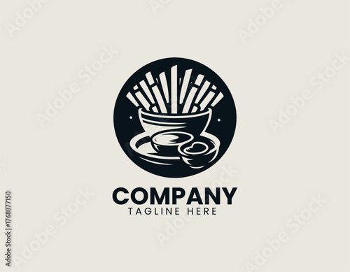 Crispy french fries with ketchup and cheese sauce in bowl black vector logo design illustration
