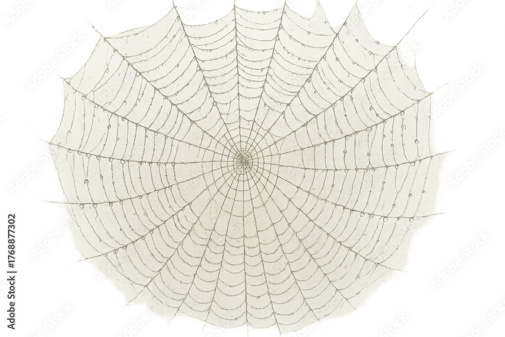 Fototapeta premium Spider web vintage drawing with dew drops on transparent background, nature pattern illustration