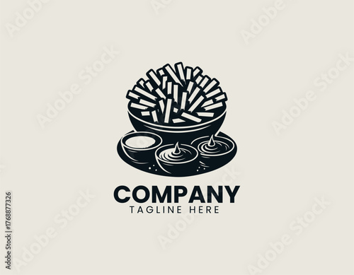 Crispy french fries with ketchup and cheese sauce in bowl black vector logo design illustration