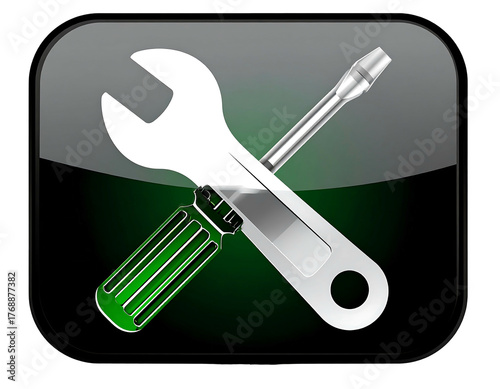 Glossy icon with a wrench and screwdriver crossed on a green and black background, rounded corners
