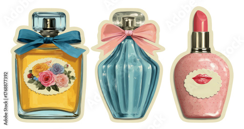Colorful Perfume Bottles with Ribbons and Floral Decorations on Isolated Background