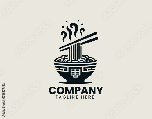 Steaming ramen noodles lifted by chopsticks from decorative bowl in traditional black vector logo design illustration