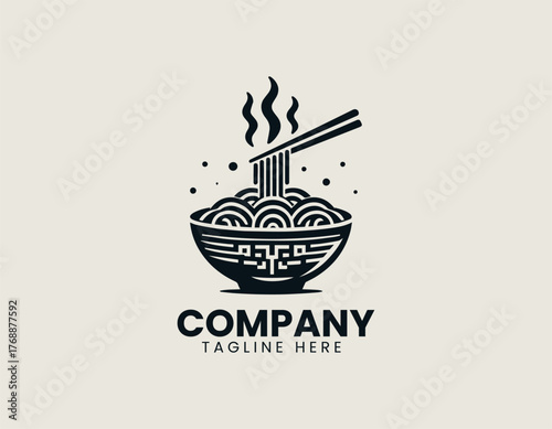 Steaming ramen noodles lifted by chopsticks from decorative bowl in traditional black vector logo design illustration