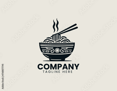 Steaming ramen noodles lifted by chopsticks from decorative bowl in traditional black vector logo design illustration