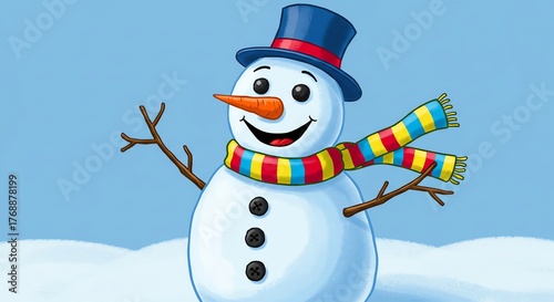 Happy Snowman Wearing a Blue Hat and Colorful Scarf Illustration