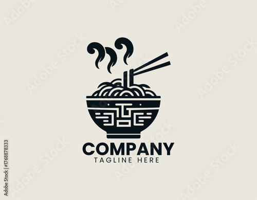 Steaming ramen noodles lifted by chopsticks from decorative bowl in traditional black vector logo design illustration