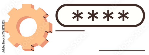 Gear icon beside concealed password field with asterisks. Ideal for security, privacy, encryption, technology, authentication, safety, software settings. A simple flat metaphor
