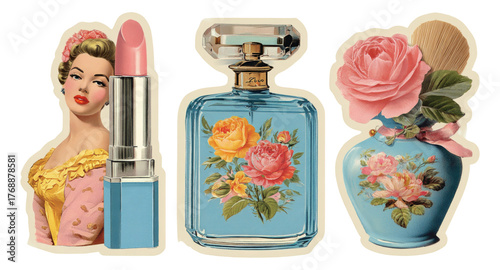 Vintage Cosmetic Arrangement with Floral Elements and Soft Pink Lipstick