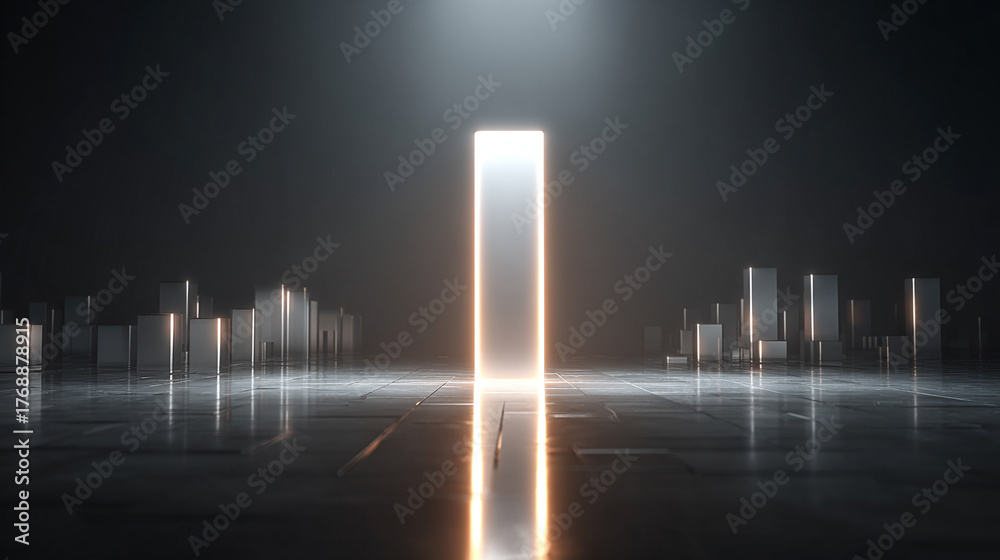 Fototapeta premium single glowing graph bar rising from a polished reflective surface against a bright minimal background. The scene symbolizes business growth, success, financial progress, innovation, and upward moment