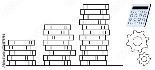 Stacks of coins increasing in height alongside a digital calculator and two gears. Ideal for finance, budgeting, saving, investment, business strategy, economic growth, financial management. Simple