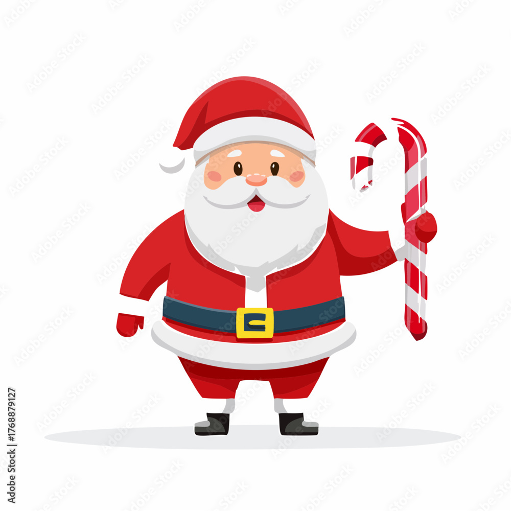 Obraz premium Cute Flat Vector Santa Claus Holding Candy Cane - Christmas Holiday Illustration