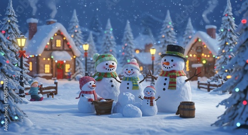 Snowman Family in a Winter Wonderland Christmas Eve Scene