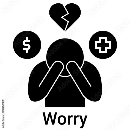 Worry Icon in Solid Style. Head holding, fear, and trouble thinking symbol. Stress sign.