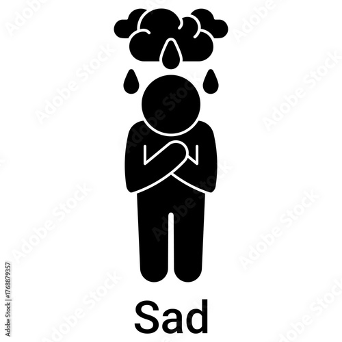 Sad Icon in Solid Style. Unhappy emotion, tear, and crying symbol. Melancholy vector.