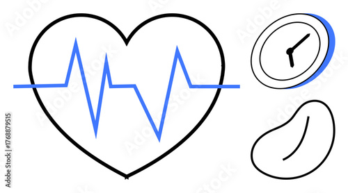 Heartbeat line within a heart, clock symbolizing time, kidney for organ health. Ideal for healthcare, wellness, time management, medicine, healthy living, organ donation simple flat metaphor