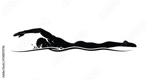 Dynamic black silhouette of a swimmer performing the freestyle stroke in choppy water silhouette