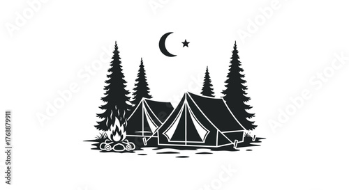 Two tents set up in a forest clearing with a campfire and a crescent moon with a star above silhouette