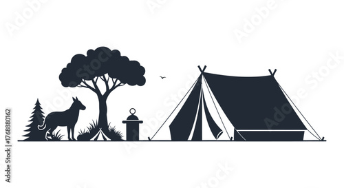 A serene campsite scene with a teepee tent a deer a tree and a campfire in a striking silhouette style