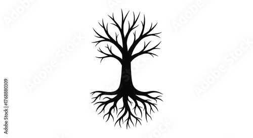 Stylized black silhouette of a bare tree with intricate roots spreading outwards on a white background