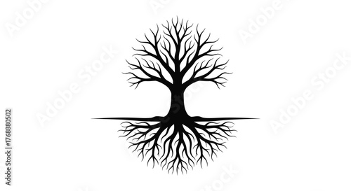 Striking black silhouette of a bare tree with intricate roots mirroring its branches against a white background silhouette