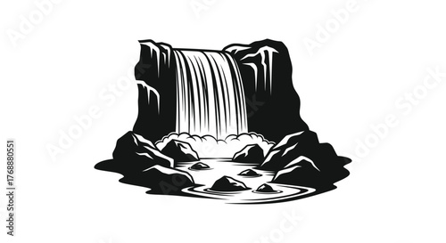 Dramatic black and white silhouette of a powerful waterfall cascading over rugged cliffs into a serene pool with scattered rocks