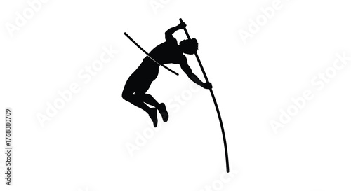 Dynamic silhouette of an athlete performing a pole vault jump in mid air with a long pole silhouette