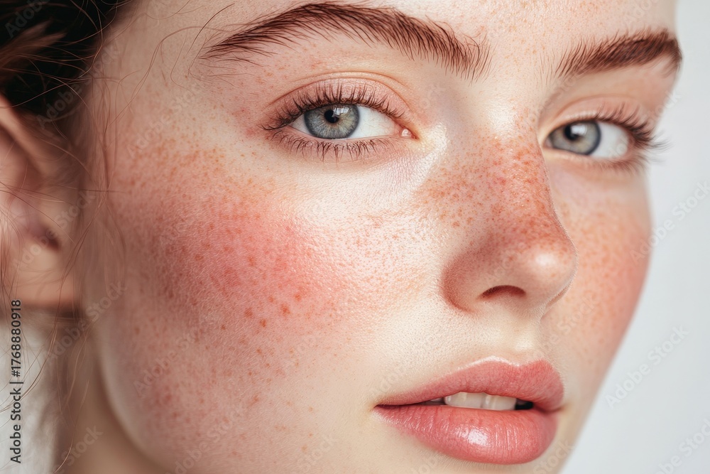 Fototapeta premium Close-up portrait of a young woman with delicate features and light makeup.