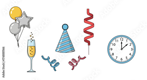 Festive New Year's Eve Celebration Elements Featuring Balloons, Champagne, Party Hat, Confetti, and a Clock Ticking Towards Midnight, Perfect for Holiday-Themed Greetings