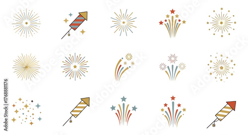 Festive Fireworks Vector Set for Celebrations, New Year's Eve, and Holiday Designs, Enhancing visual appeal and conveying a sense of excitement and joy in any celebratory context.