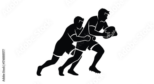 Dynamic silhouette of two rugby players in action during a tackle and run silhouette